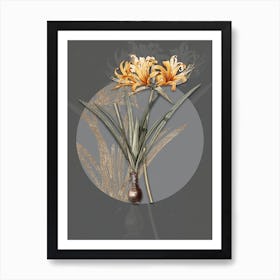 Vintage Botanical Golden Hurricane Lily on Circle Gray on Gray n.0066 Art Print