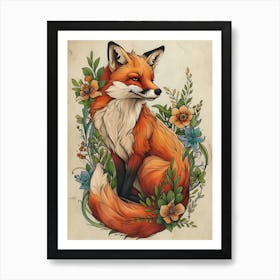 Amazing Red Fox With Flowers 9 Art Print