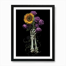 Skeleton Hands With Sunflowers Art Print