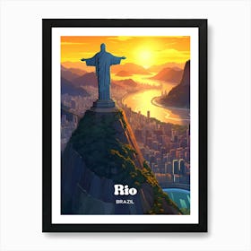 Rio Brazil Christ Statue Travel Art Illustration Poster