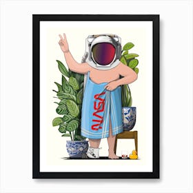 Astronaut In Bath Towel in Bathroom Art Print