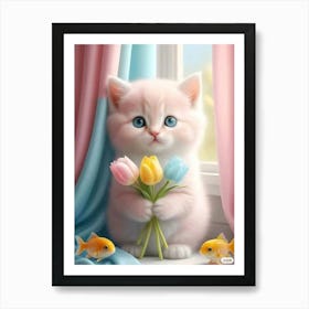 Cute Kitten With Flowers Art Print