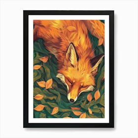 Fox Sleeping In Autumn Leaves Art Print