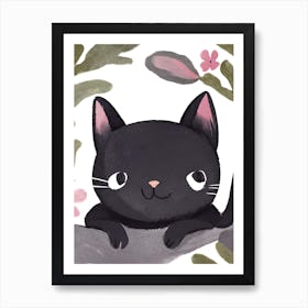 Black Cat In A Tree Cute Illustration Art Print