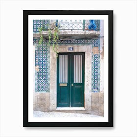 The green door nr. 16 in Alfama, Lisbon, Portgual with retro azulejos - summer vintage street and travel photography by Christa Stroo Photography Art Print