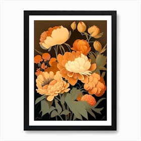 Cut Flowers Of  Peonies 1 Orange Vintage Sketch Art Print