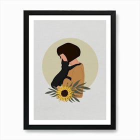 Minimal art Illustration Portrait Of A Woman With A Cat and sunflower Art Print