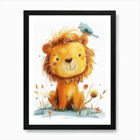 Small Joyful Lion With A Bird On Its Head 24 Art Print