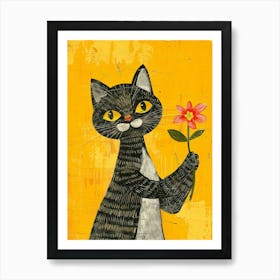 Cat Holding Flower Art Print