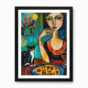 Portrait Of A Woman With Cats Eating Pizza 1 Art Print