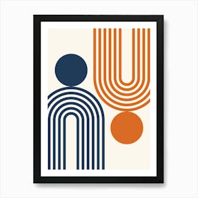 Mid Century Modern Geometric 461 In Navy Blue And Orange Rainbow And Sun Abstraction 01 Art Print