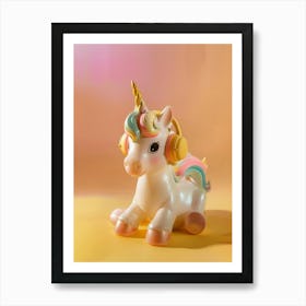 Toy Unicorn Listening To Music With Headphones Pastel Yellow Art Print