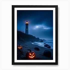 Jack O Lanterns Emanating Ethereal Glow Arrayed On A Shadowy Beach Misty Coastal Backdrop Myster (4) Art Print