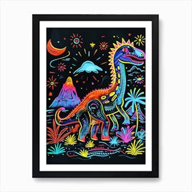 Neon Dinosaur Volcanic Landscape 2 Art Print