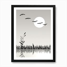 Swamp Pond Grass Reflection Drawing Nature Silhouette Graphic Art Stylized Monochrome Birds Herons Fly Sun Summer Landscape Art Print