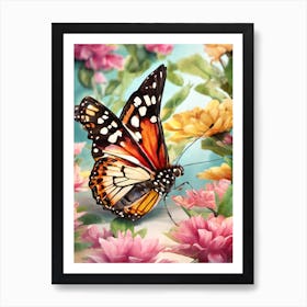 Butterfly On Flowers Art Print