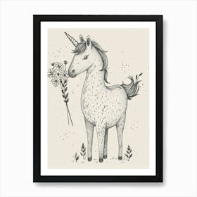 Unicorn And A Bouquet Of Flowers Black And White Doodle 1 Art Print