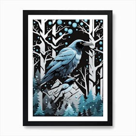 Crow In The Forest 1, Raven In The Forest, crow, crow in forest, crow in dark forest, bird in dark forest, black and grey Art Print