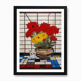 Chrysanthemums With A Cat 4 De Stijl Style Mondrian Art Print