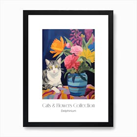 Cats & Flowers Collection Delphinium Flower Vase And A Cat, A Painting In The Style Of Matisse 0 Art Print