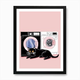 Cat In Front Of Washing Machine Art Print