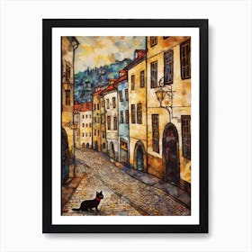 Painting Of Prague With A Cat In The Style Of Gustav Klimt 2 Art Print