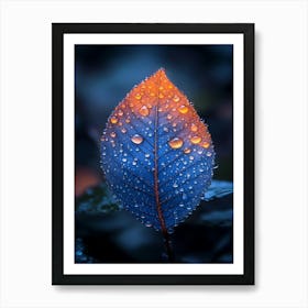 Blue Leaf With Water Droplets 5 Art Print