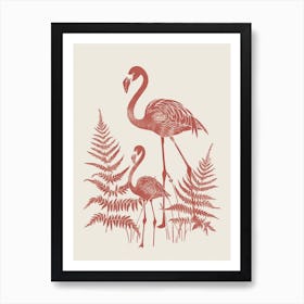 American Flamingo And Ferns Minimalist Illustration 3 Art Print