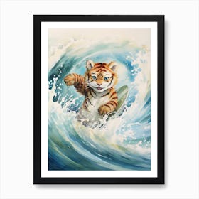 Tiger Illustration Surfing Watercolour 3 Art Print