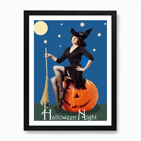 Pinup Witch On A Big Pumpkin At A Halloween Moon Art Print