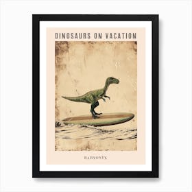 Vintage Baryonyx Dinosaur On A Surf Board 2 Poster Art Print