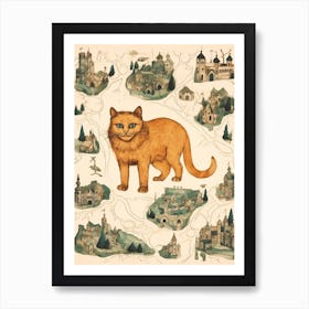 Medieval Style Cat & Village Art Print