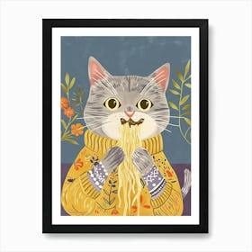 Grey Cat Pasta Lover Folk Illustration 2 Art Print