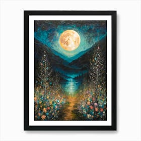 Full Moon Over Wildflowers Meadow Path Mountains and Lake| Colorful Witchy Magical Print | Neutral Tones Country Art Pagan Scenery for Feature Wall Decor Meadow Painting in HD Art Print