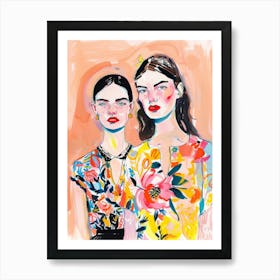 Two Women in Floral Dresses. Watercolor Bright Portrait Art Print