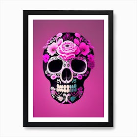 Skull With Floral Patterns Pink 2 Mexican Art Print