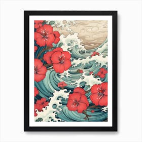 Great Wave With Geranium Flower Drawing In The Style Of Ukiyo E 1 Art Print