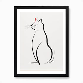 Ink Cat Line Drawing Red Ear Art Print