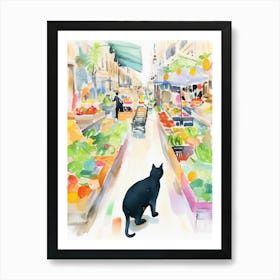 Food Market With Cats In Malaga 4 Watercolour Art Print