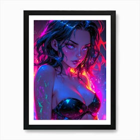 A wild hentai rocker girl with neon tattoos — a sexy and vibrant fantasy, blending waifu charm with cyberpunk allure. Art Print