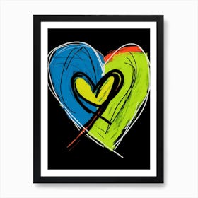 Blue Line Orange Doodle Heart Art Print