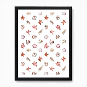 Sea Shells And Stars Pattern On White Background Art Print
