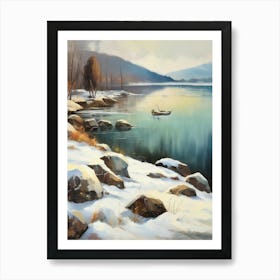 Ancient landscapes, old winter oil paintings and rocks around the lake bank. Snow is falling on the lake, old colors.8 1 Art Print