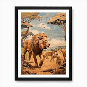 African Lion Relief Illustration Interaction 2 Art Print