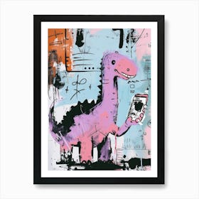 Dinosaur On A Smart Phone Pink Lilac Graffiti Style 4 Art Print