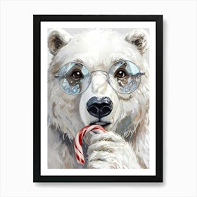 Polar Bear With Glasses and Candy cane Art Print