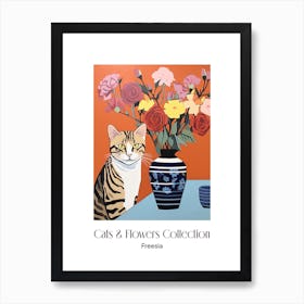 Cats & Flowers Collection Freesia Flower Vase And A Cat, A Painting In The Style Of Matisse 3 Art Print