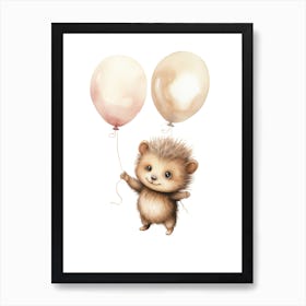 Baby Hedgehog Flying With Ballons, Watercolour Nursery Art 4 Art Print