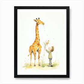 Boy Gives The Giraffe A Flower Art Print