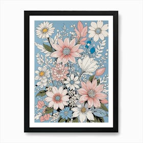 Pink & Blue Floral Bouquet no2 Art Print